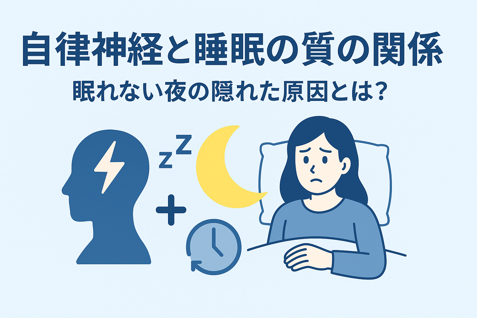 自律神経と睡眠の質の関係を示すイラスト。女性が眠れず悩んでいる様子と月・頭部アイコンなど。自律神経、睡眠の質、視覚障がい者配慮。