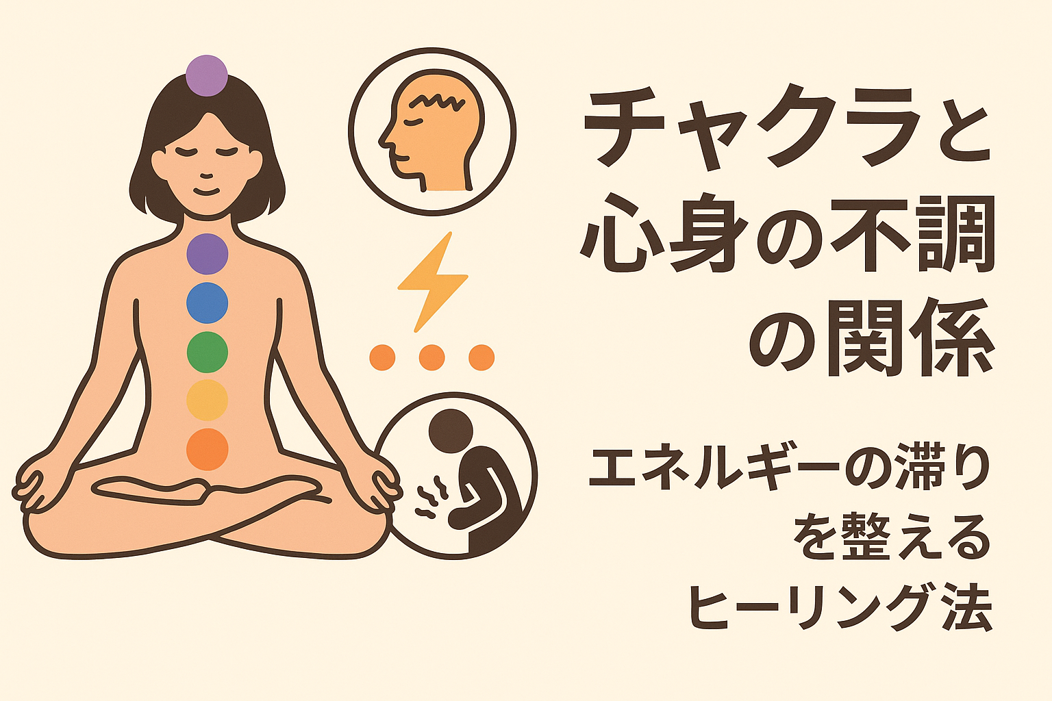 チャクラと心身の不調をテーマにしたヒーリング方法の紹介画像（エネルギー滞りのイメージ付き）