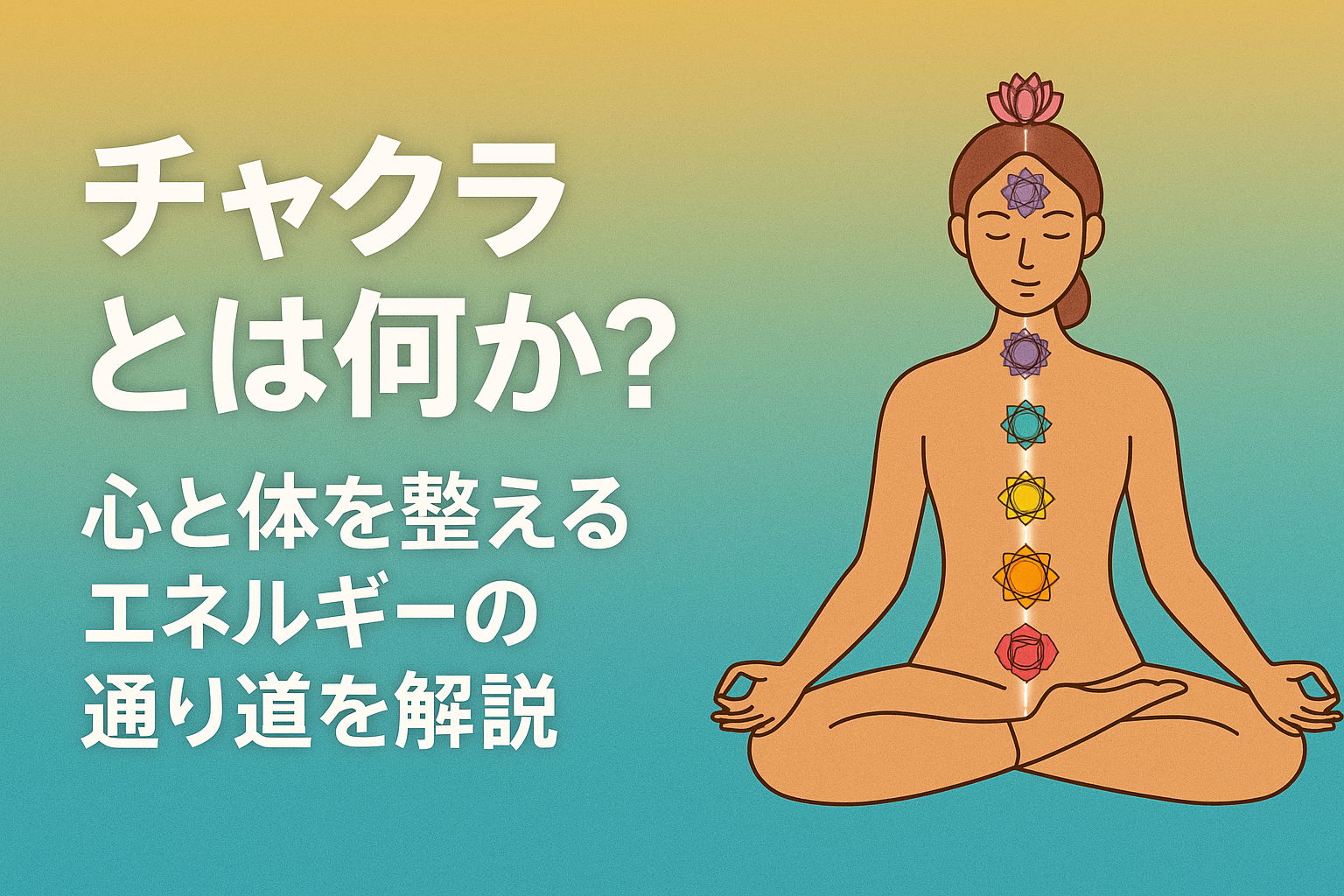 チャクラの位置を示す座禅姿の女性のイラスト。心と体を整えるエネルギーの通り道を解説するブログ用アイキャッチ画像。