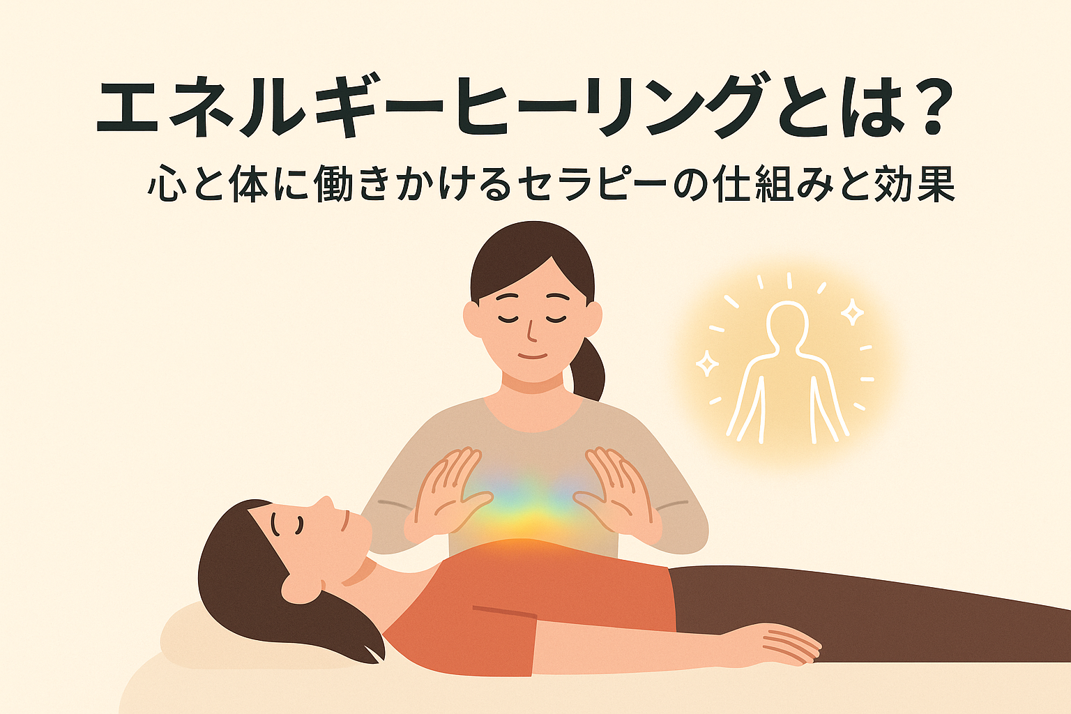 エネルギーヒーリングの施術を受ける女性と施術者、虹色のエネルギーと光のシンボル。エネルギーヒーリング、心と体、セラピー、視覚障がい者配慮。