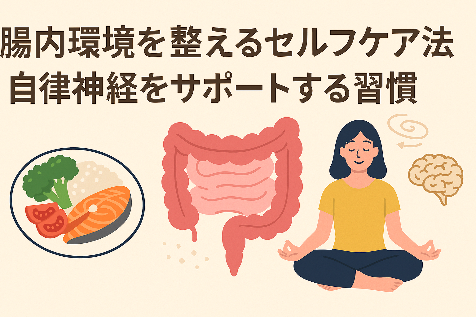 腸内環境を整える食事・腸のイラスト・自律神経を意識したセルフケアを表現した画像