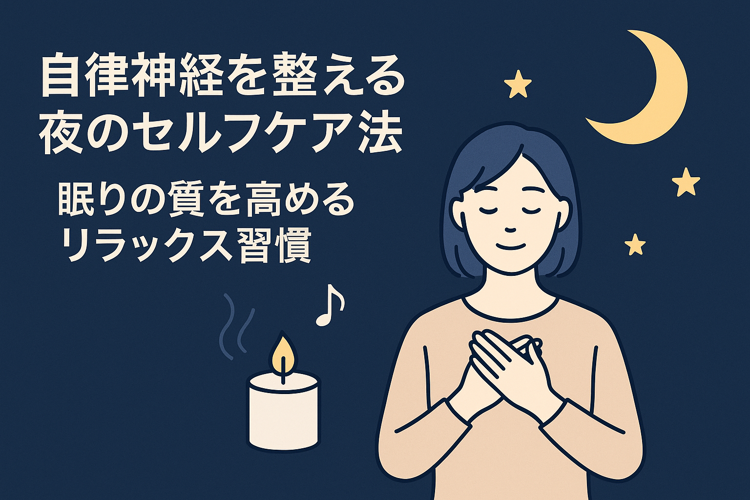 自律神経を整える夜のセルフケア法を表現したイラスト。女性が目を閉じてリラックスし、キャンドルと音符、星空の背景