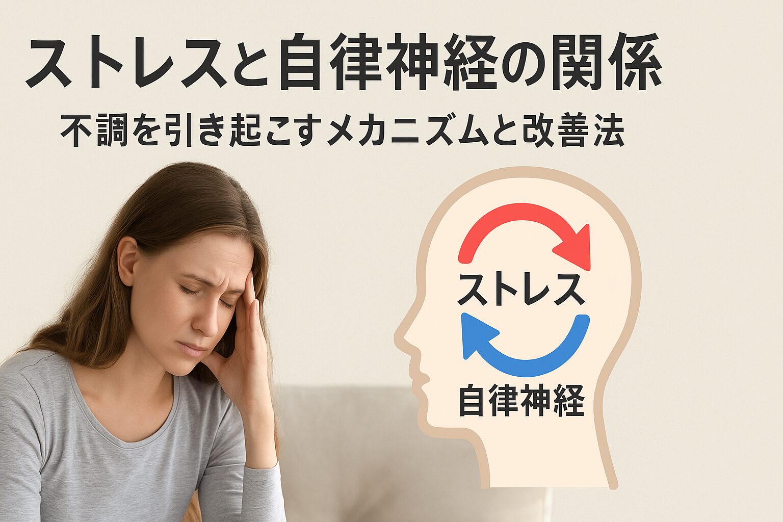 ストレスで頭を抱える女性と、自律神経との関係を示す矢印イラスト。ストレスと自律神経の関係を視覚的に説明した画像