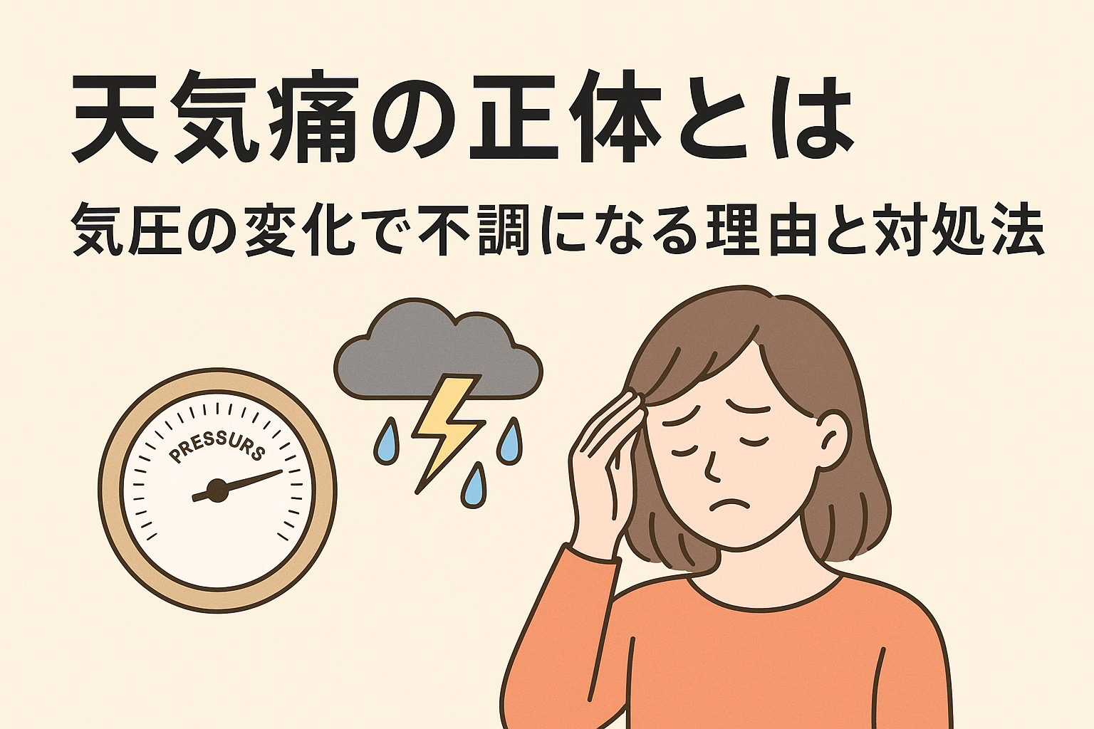 天気痛の原因となる気圧変化と頭痛に悩む女性を描いたイラスト。雷雨と気圧計を含む視覚的構成。