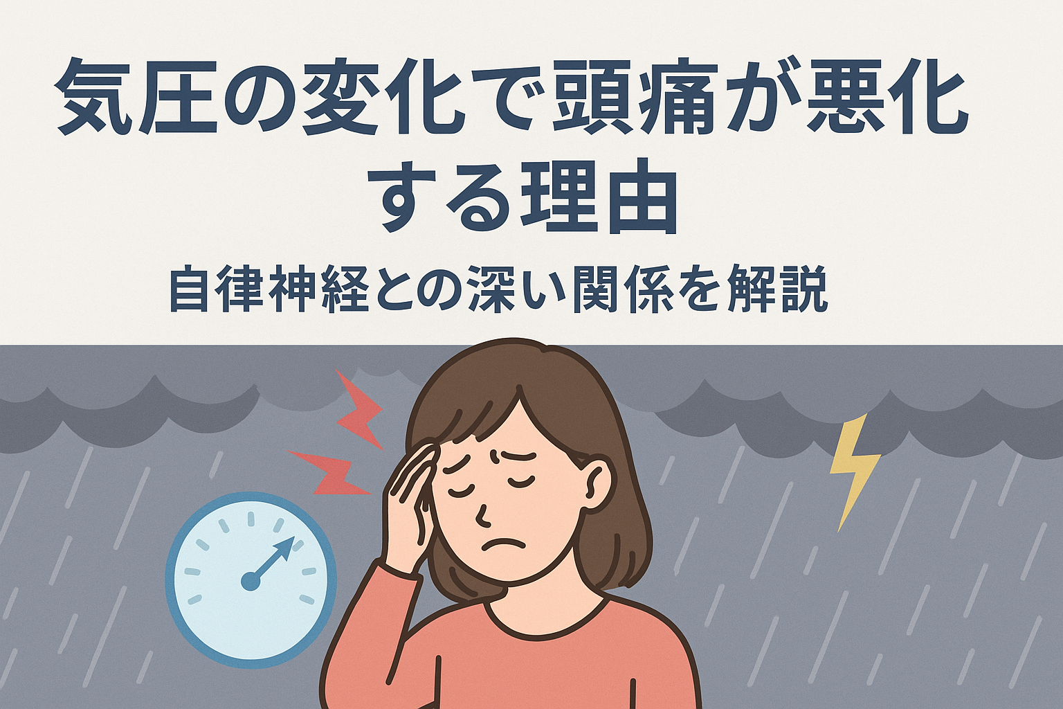 気圧の変化によって頭痛が悪化する様子を示すイラスト。女性が頭を抱え、背景には低気圧・雷・雨が描かれており、自律神経との関係を表現｜気圧 頭痛 自律神経