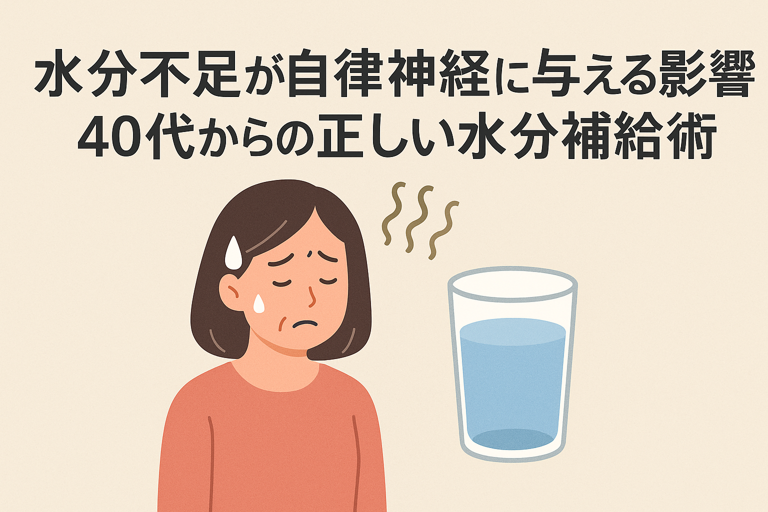 水分不足によって不調を感じる女性と水のコップのイラスト。自律神経の乱れと正しい水分補給の重要性を伝える内容です。