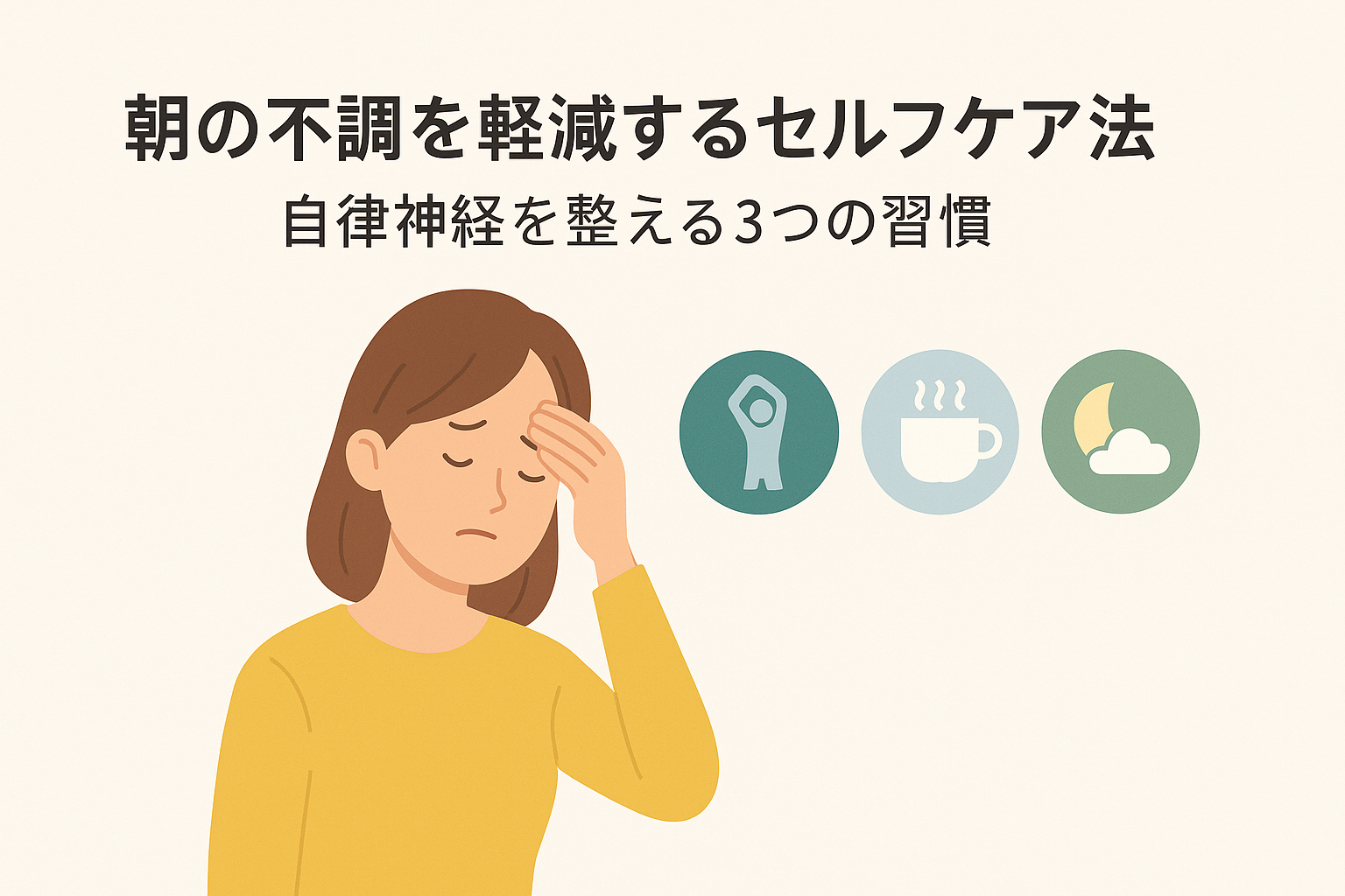 朝の不調に悩む女性のイラストと自律神経を整える3つの習慣（ストレッチ・温かい飲み物・睡眠）を表すアイコン｜自律神経　視覚障がい者配慮